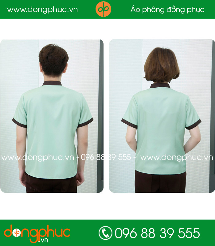 Đồng phục vệ sinh màu xanh nhạt cổ nâu